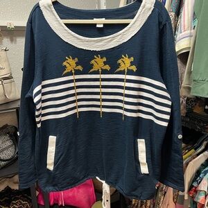 Navy Palm Striped Pocket Pullover Top